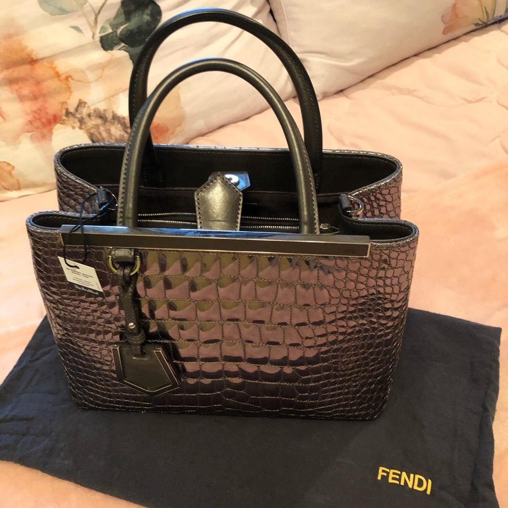Fendi Petite 2Jours Croc embossed Gray handbag.